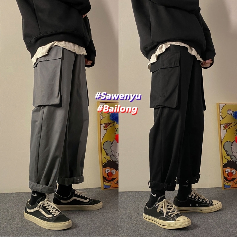 

2021 New Autumn Cotton Men's Fashion Retro Multi-pocket Casual Pants Men Streetwear Hip-hop Straight Trousers Mens Mtsm, Black