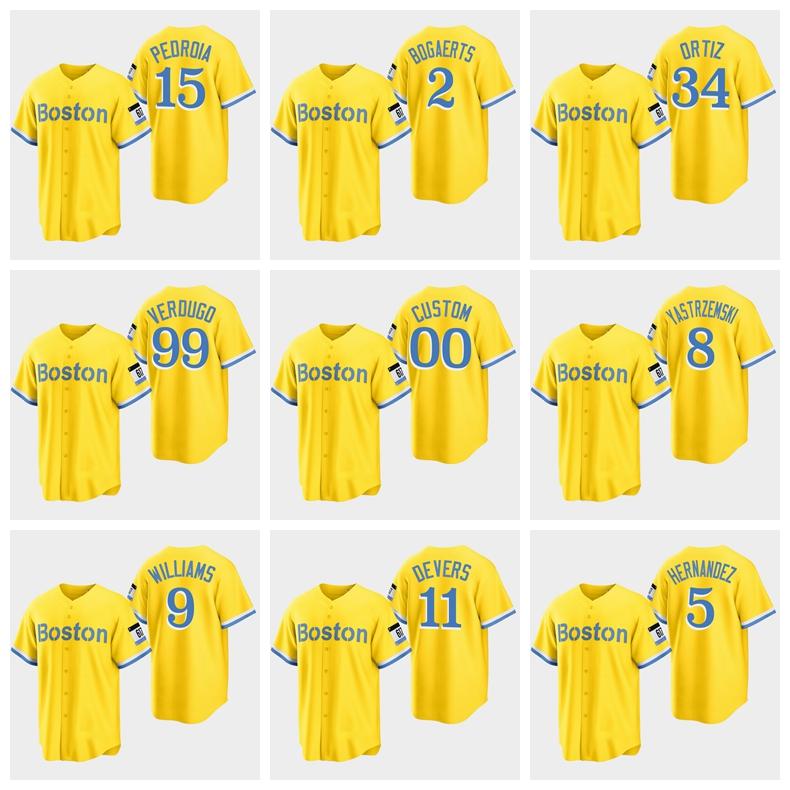 

#5 Enrique Hernandez Baseball Jersey Boston Red #11 Rafael Devers #34 David Ortiz 99 Alex Verdugo 2 Xander Bogaerts Gold City Connect Sox Jersey men women youth, Nk logo