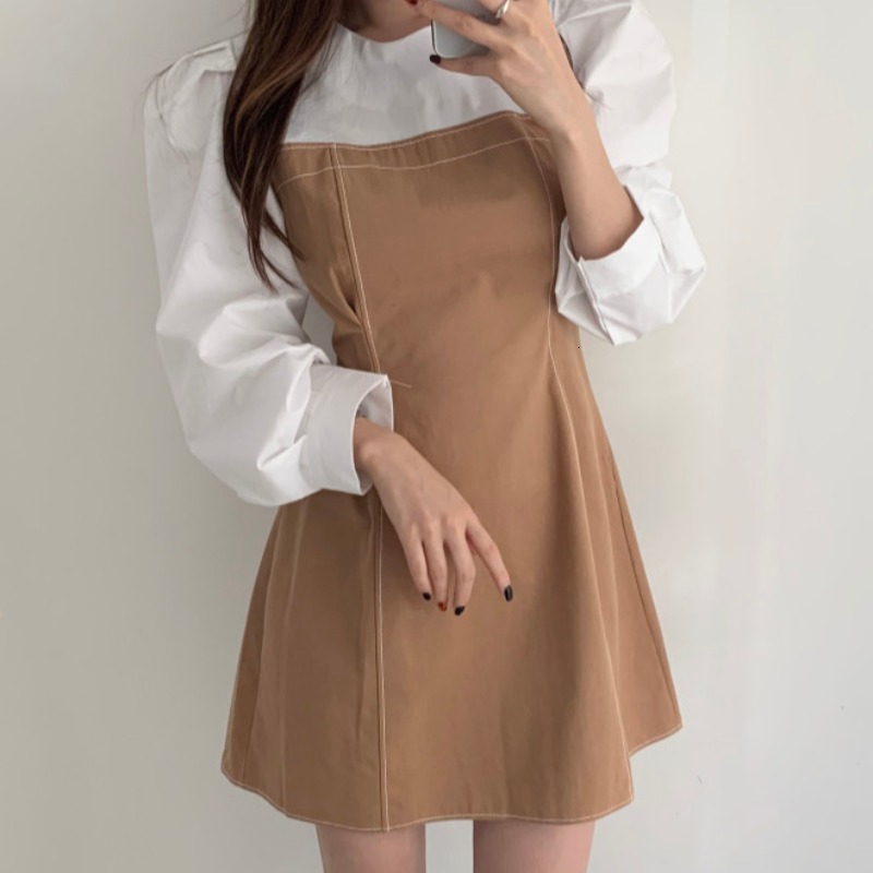 

New 2021 spring Korean net celebrity fashion design sense open line contrast color fight receiving waist dress women JLYK NCF5, Khaki