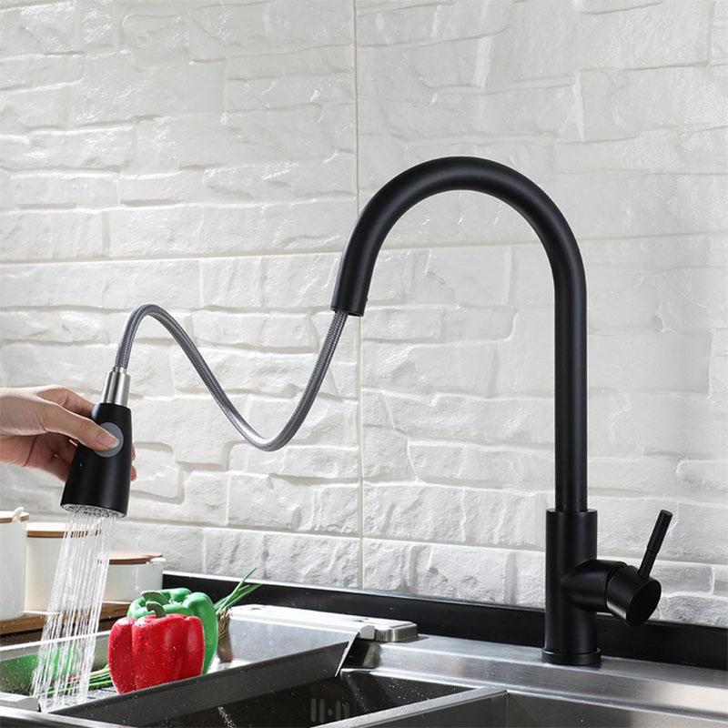 

Kitchen Faucet Black Brushed Single Handle Hole Hot And Cold Pull Out Sink Mixer Tap Swivel 360 Rotating Bathroom Water Saving