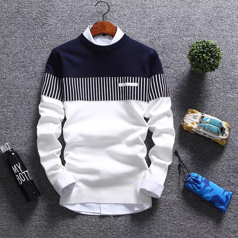 

New Autunm Pullovers Men Fashion Strip Causal Knitted Sweaters Pullovers Mens Slim Fit O Neck Knitwear Mens Brand Clothing 2021, Navy