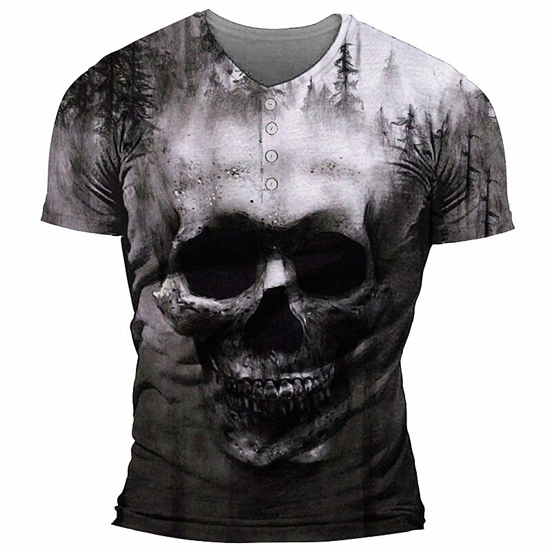 Men's Henley Shirt T shirt 3D Print Graphic Prints Skull Henley Casual Daily Button-Down Print Short Sleeve Tops Basic Fashion Designer Big