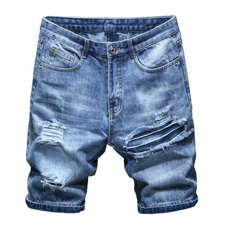 

2021 New Men's Male Fashion Holes Ripped Blue Denim Shorts Summer Casual Slim Straight Jeans Qmyx