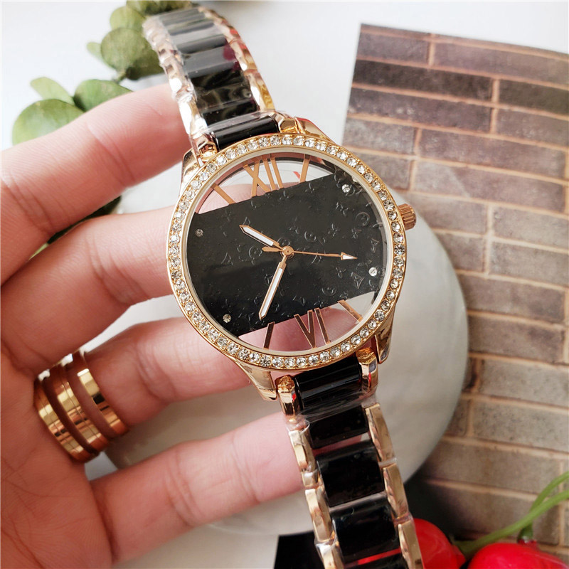 

Fashion Brand Watches Women Girl Crystal Hollow Out Style Metal Steel Band Quartz Wrist Watch L19, Black