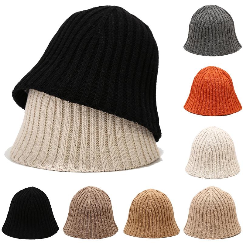 

Wide Brim Hats 2021 Solid Color Women Winter Warm Knitted Basin Cap Japanese Bucket Fisherman Hat, Black