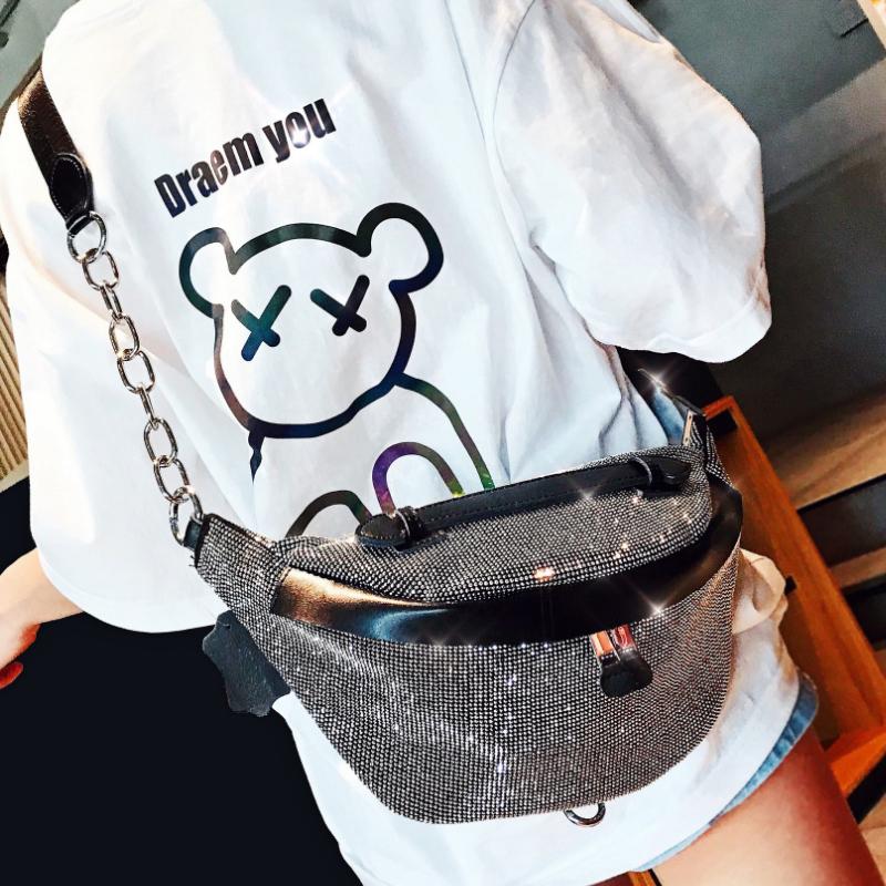 

Waist Bags Shining Rhinestone Chest For Women Shoulde Luxury Designer Handbag Fancy Frills Chain Crossbody Bolso, Black