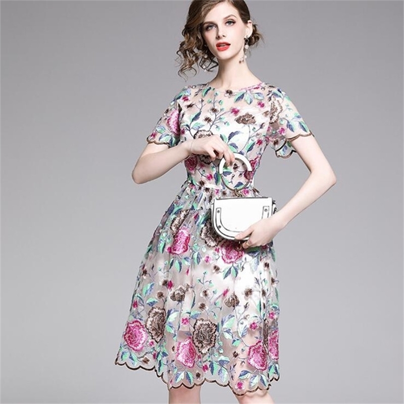 

Summer Short Sleeve O-neck Party Dress Women Runway Floral Bohemian Flower Embroidered Beach Boho Mesh Dresses Vestido 210603, Picture color