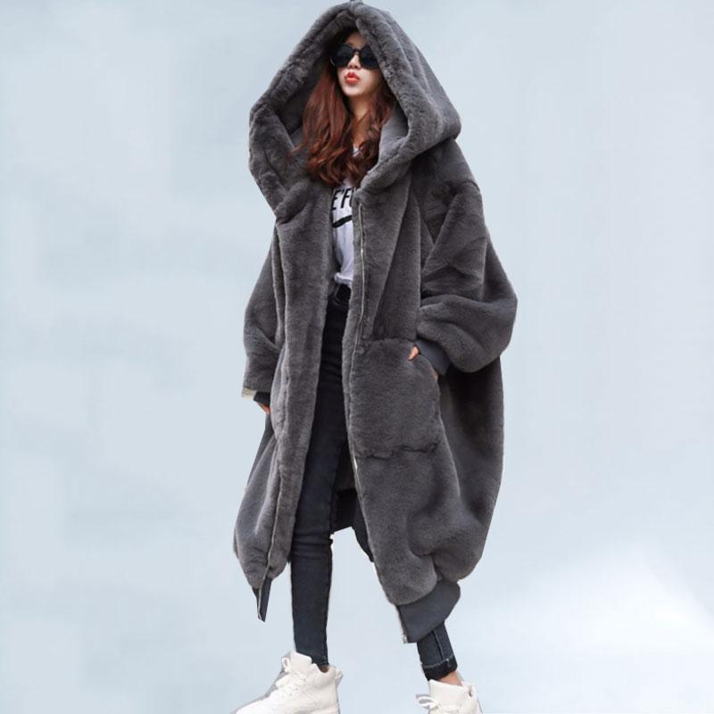 

Women's Fur & Faux Women 2021 Casual Hoodies Furry Thick Warm Long Jacket Loose Winter Coat Casaco Feminino, Black