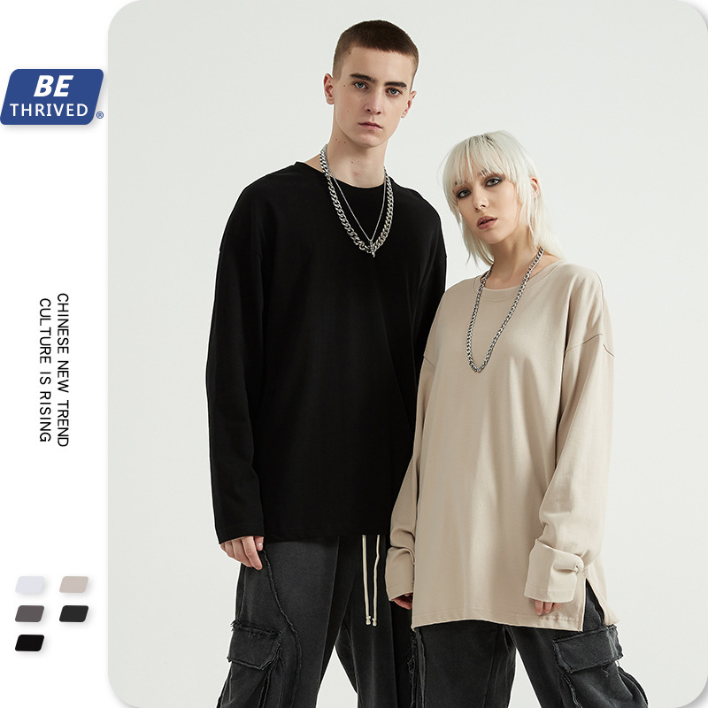 

be menswear | 2021 autumn winter 300g basic solid color split bottomed shirt loose high street ins long sve fashion brand t-shirt, Black