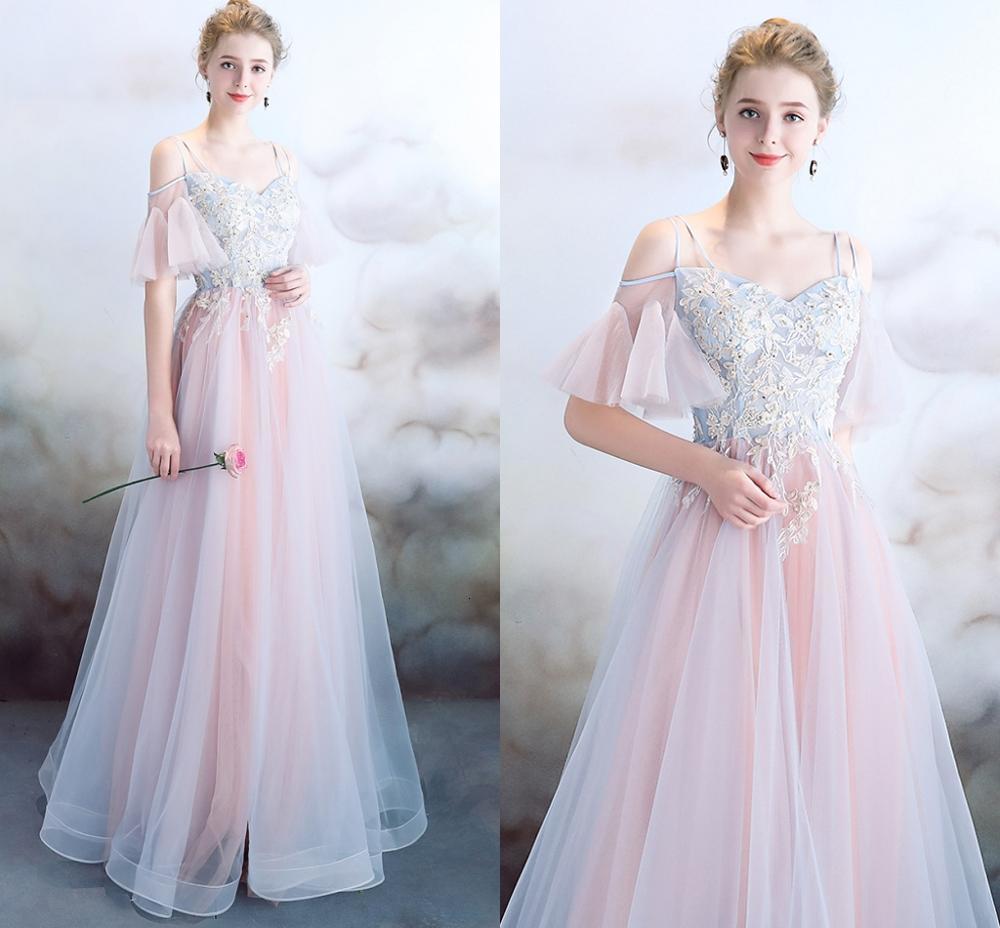 

2021 New Arrival Straps Pink Blue Long Evening Party Elegant Vestido De Festa Vintage Prom Gowns with Lace Abendkleider 6tk1, Picture color