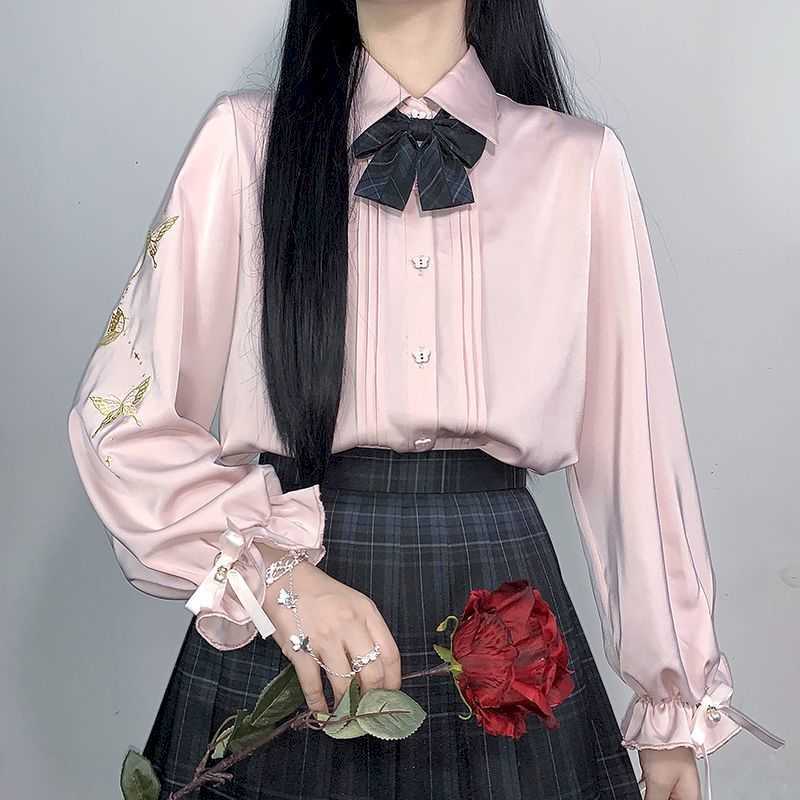 

autumn long-sleeved shirt JK uniform with embroidery loli white exquisite trumpet sleeves kawaii blouse 210526, Black