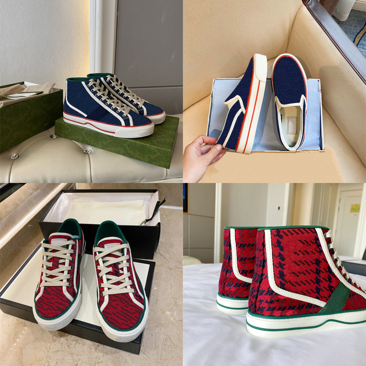 

Tennis 1977 high top womens casual shoes Red and green houndstooth stripe wool Luxurys Designers shoe Low-top slip-on sneaker, 01