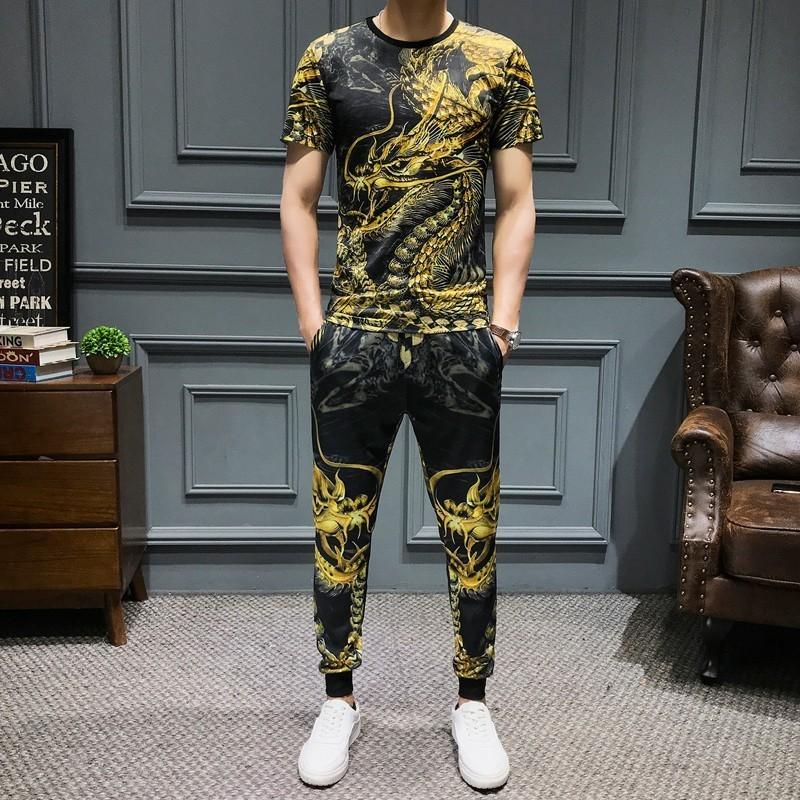 

Men's Tracksuits Printed Summer Dragon Men Set Causal T Shirt 2Pcs Tracksuit Sportswear Pants Jogger Suit Slim Fit 2-piece Harem, Cz8008set