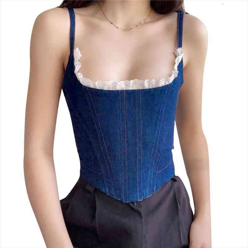 

fashion trend women solid color denim with lace irregular hem sleeveless boat neck sling vest summer casual camisole, White