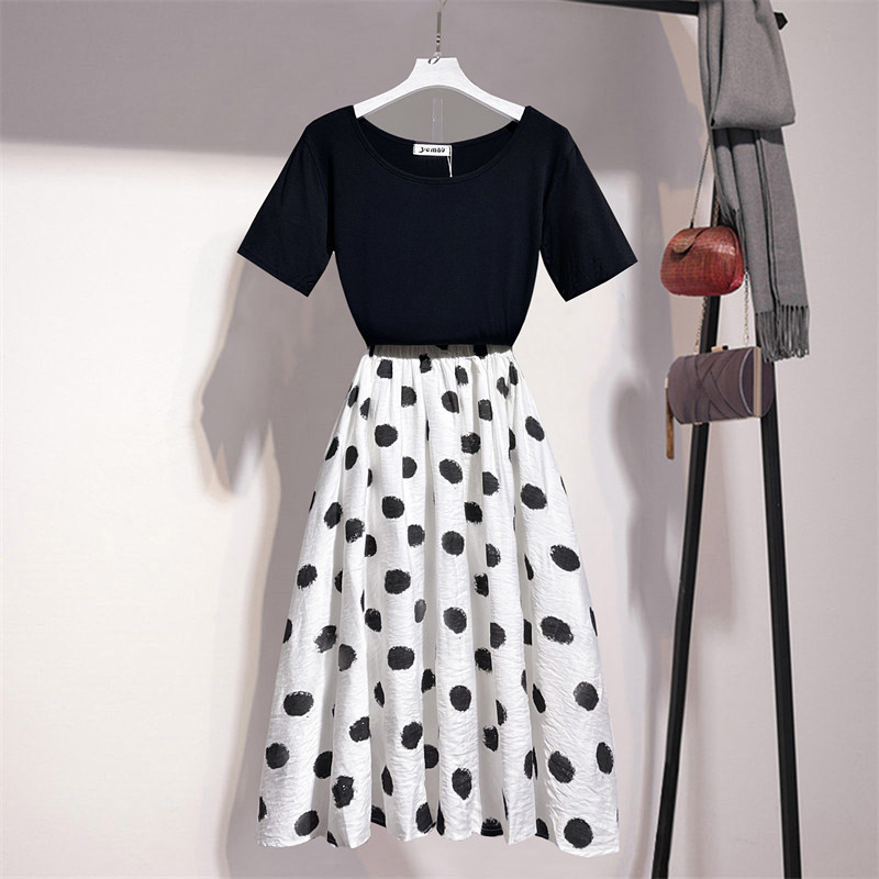 

Women's suit summer t-shirt mid-length high-waist polka-dot half-length skirt fashion two-piece western style 210525, Black suit
