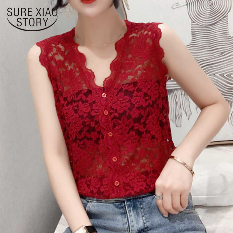 

Spring and Summer Women's Shirts Sexy V-neck Sleeveless Embroidery Lace Shirt Hollow Out Slim Wild Fashion Solid Vest 9891 210527, Burgundy