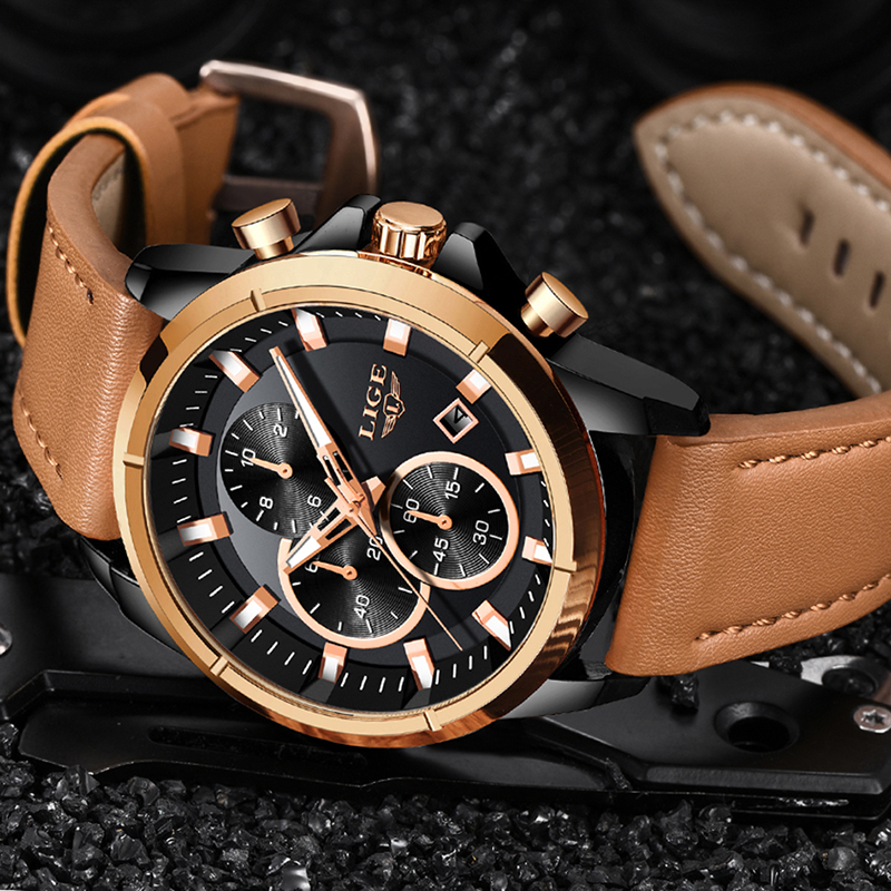 

LIGE Watch Top Brand Man Watches with Chronograph Sports Waterproof Clock Man Watches Military Luxury Mens Watch Analog Quartz, Slivery;brown