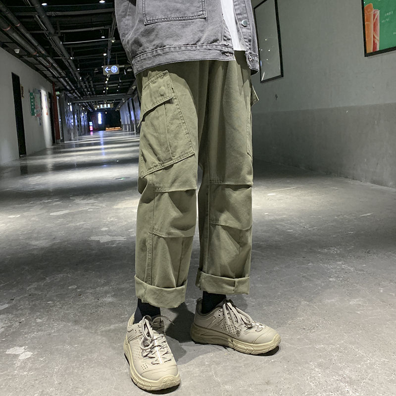 

2021 New Spring Cotton Men's Fashion Retro Pocket Casual Men Streetwear Hip-hop Straight Wide-leg Pants Mens 5orw, Army green