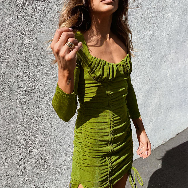 

elegant women dress ruched drawstring slim bodycon full sleeve sexy autumn streetwear dress 2021 fashion party dresses, Black;gray
