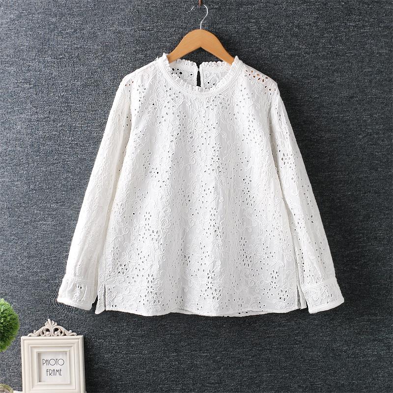 

Women's Blouses & Shirts 2021 Spring Women Blouse Japan Style Mori Girl Lace O-Neck Hollow Out Embroidery Cotton Linen Pullover Long Sleeve, Blue