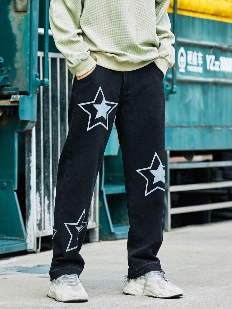 

Men Star Print Slant Pocket Raw Cut Jeans c2pI#, Black