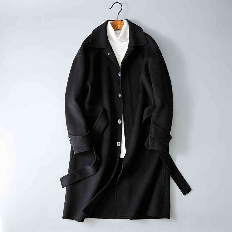 

Men's Wool & Blends winter middle and long double-sided tweed coat wool belt black casual men's wear LTFG