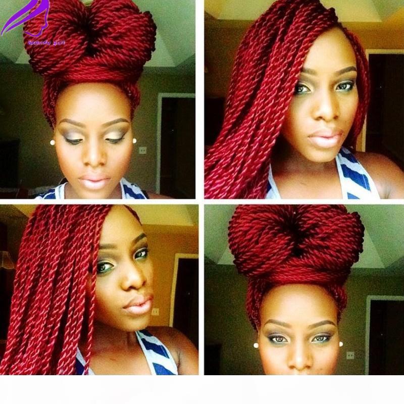 

2020 Fashion style Long Burgundy red Glueless Braided Synthetic Lace Front Wigs Twist Braids For African Black Women Daily Wear, Black;brown
