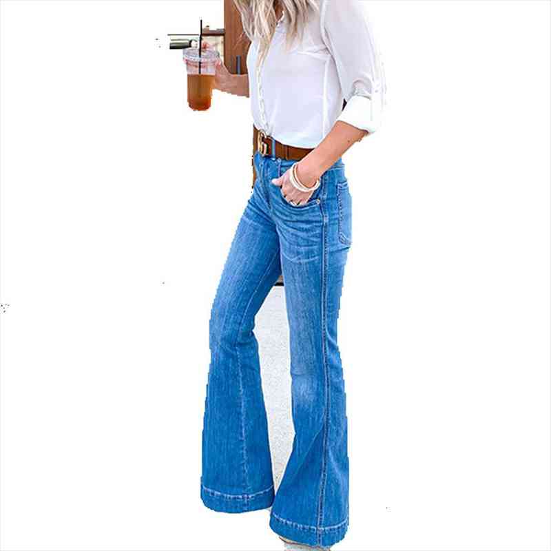 

high waist slim fit casual womens jean bell bottom pants pockets female flared trousers wide leg denim loose 6123, Blue