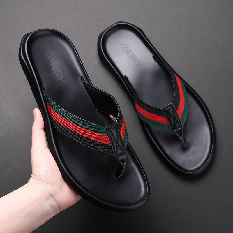 

Slippers Genuine Leather Men's High Quality Flip Flops For Indoor Or Outdoor Sports Black Stripe Summer, Red green