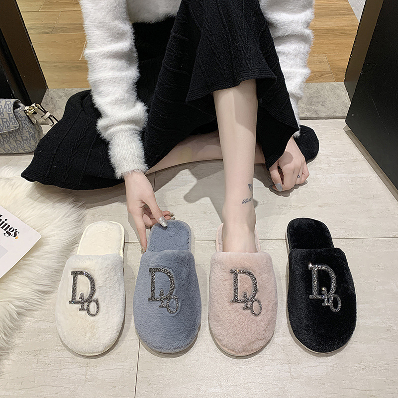 

2021 Winter New House Women Half Fur Slippers Fashion Multicolor Faux Fur Warm Flat Shoes Slip on Home Bedroom Ladies Fuzzy Slipper, Black