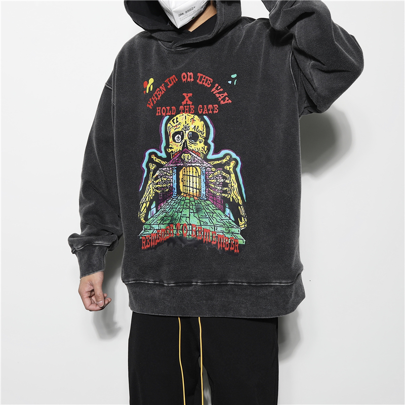

2021 New Kanye West Caveira Graffiti Lavado Moletom Homem e Mulher Coisas Estranhas Streetwear Oversize Casual Com Capuz Hoodies Eckr, Dark grey