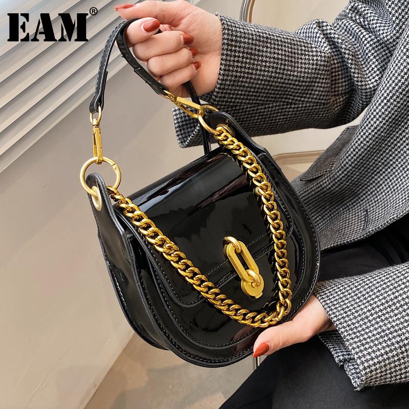 

[EAM] Women New Metal Chains Saddle PU Leather Flap Personality All-match Crossbody Shoulder Bag Fashion Tide 2021 18A2030, Black