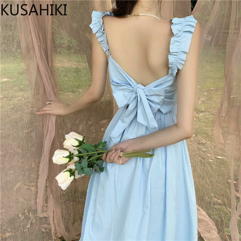 

KUSAHIKI Woman Dress Elegant Slim Waist Bow Tie Backless Vestidos Femme Sleeveless Square Collar A-line Dresses 6H553 210602, Blue