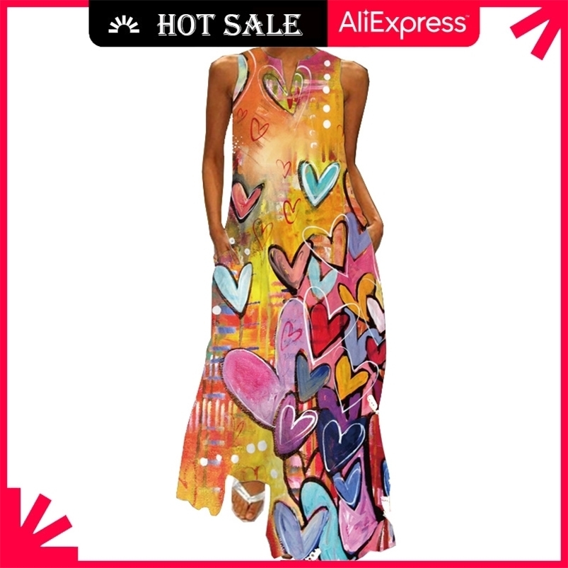 

MOVOKAKA Heart Print Vintage Dress Party V Neck Summer Sundresses Elegant dresse Casual Beach Maxi Dresses For 210701, Vlcq-61