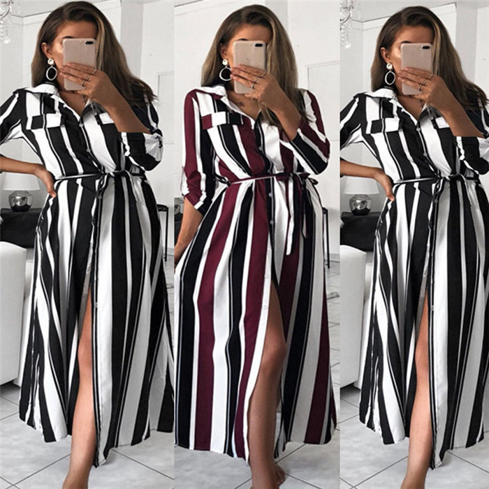 

Plus Size Female Dress Women Lapel Neck Short Sleeve Fashion Casual Ladies Holidays Sexy Clothing Summer Striped Dresses, Black;gray