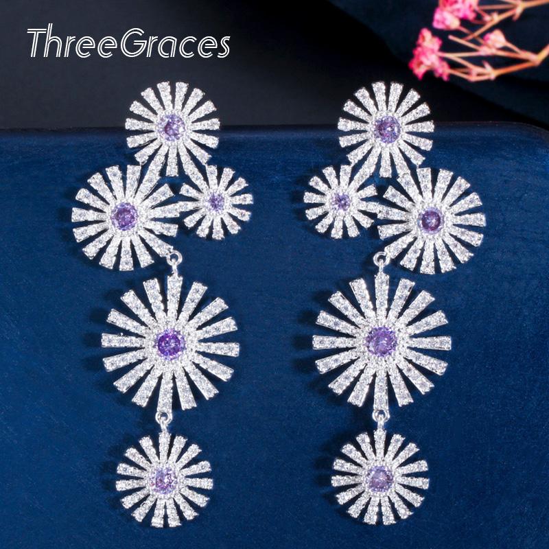 

Dangle & Chandelier ThreeGraces Summer Style Flower Shape Purple Cubic Zirconia Long Drop Earrings For Women Wedding Engagement Jewelry ER47, Silver