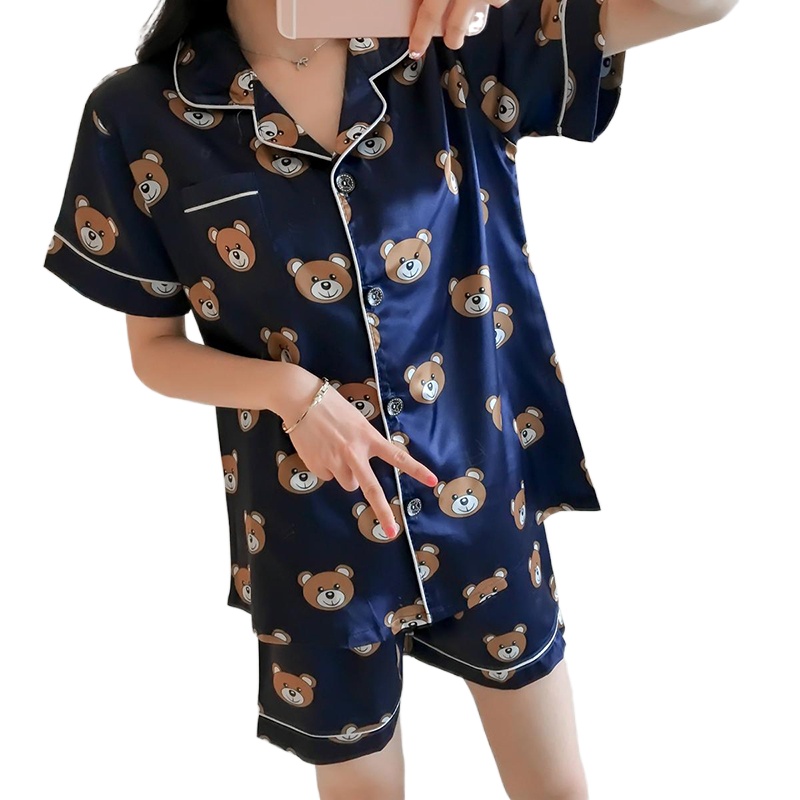 

Printing summer WAVMIT Short Sleeve Silk Pajamas Set Two Pieces Set Women Sleepwear Sexy Nightwear for Women Sleeping set, Hs xiao xiong lan