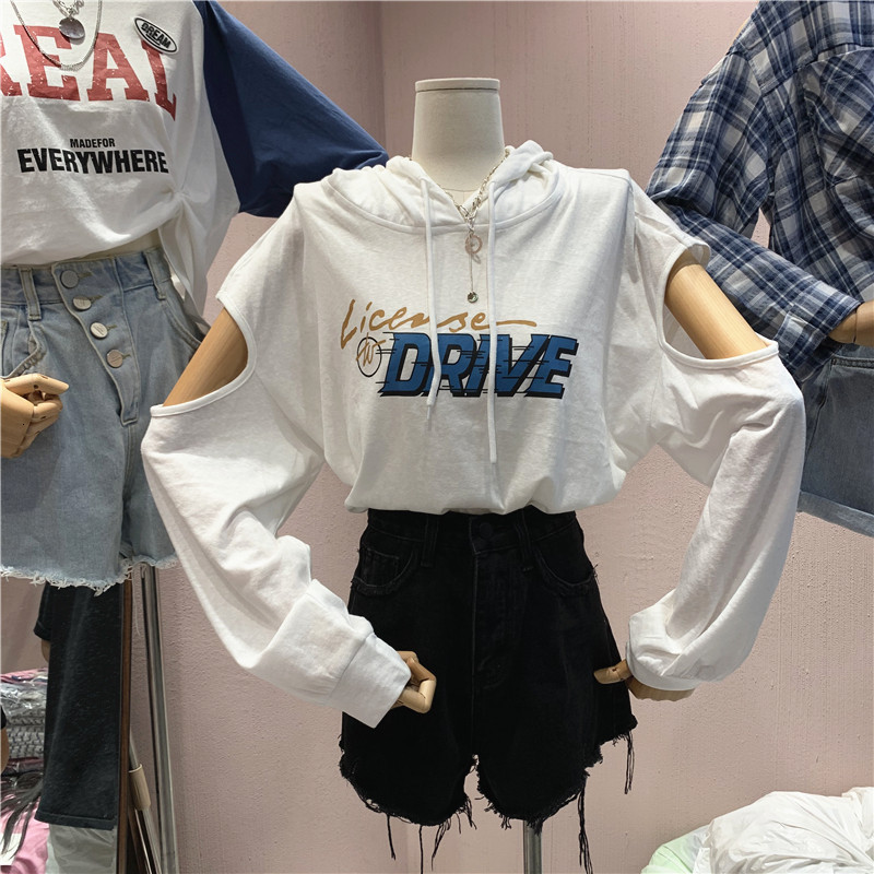 

2021 Kawaii Womens Letter Printing Sweatshirt Women Korean Style Autumn New Off Shoulder Loose Harajuku Hoodie Fashion Tops Dpgg, Dark blue
