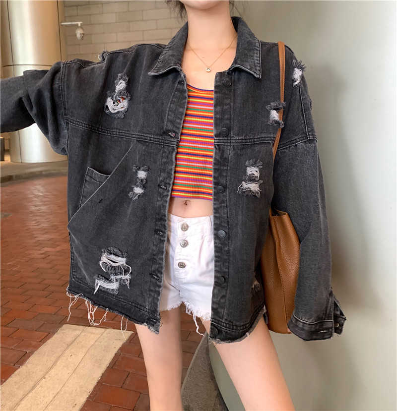 

Winter Vintage irregular holes punk fun fashion hip-hop big size long-sleeved Harajuku ins female Korean Ulzzang jacket 210608, Black