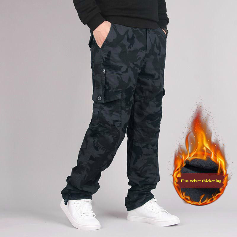 

2021 New Men's Fleece Cargo Winter Thick Warm Pants Multi Pocket Casual Military Baggy Tactical Trousers Plus Size Full Length Z3xi, Grey
