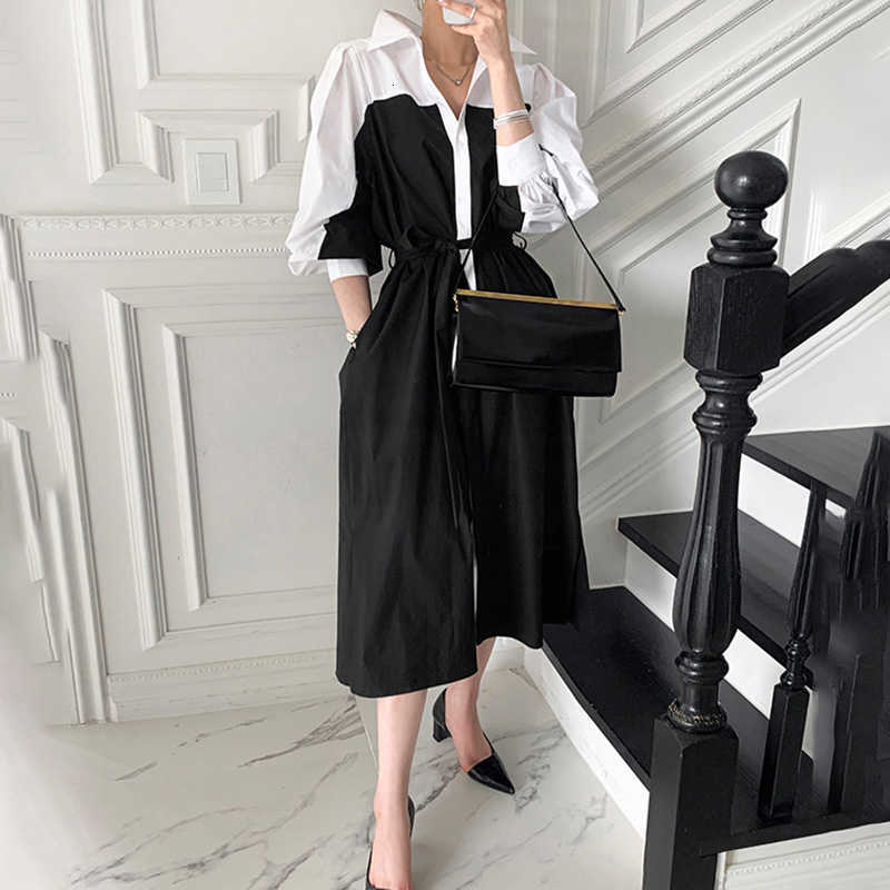 Two Piece Dress Black White Spring Office Women Single Breasted Long Lace Up Patchwork Party Shirts Sleeve A-Line Z263 96PD-image-701719359