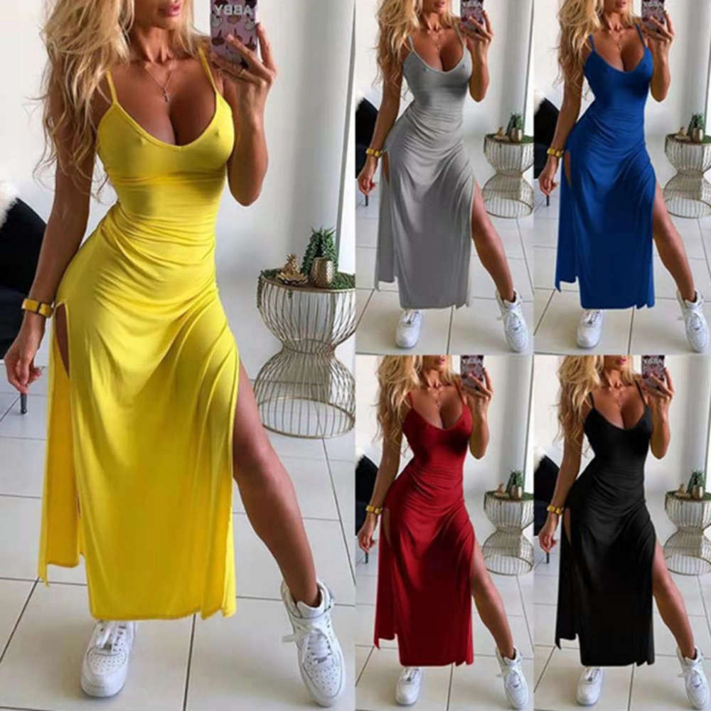 

2021 new solid color V-neck sexy slim split suspender dress, Gray