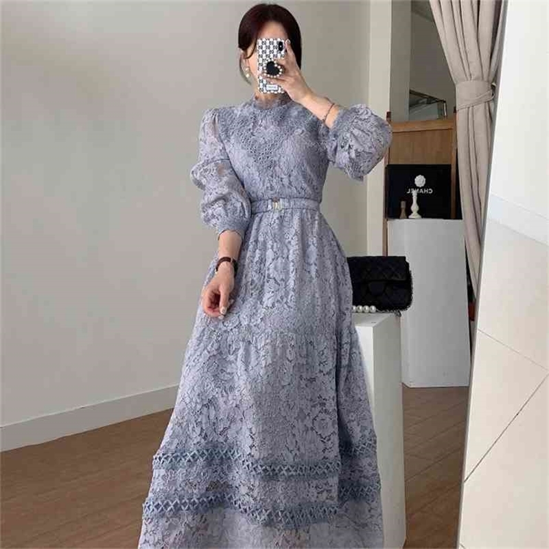 

Spring Women's Korean Stand Collar Lace Hook Flower Show Thin High Waist Big Swing Dress 210603, Picture color