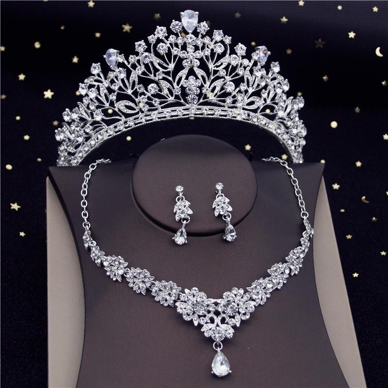 Earrings & Necklace Luxury Clear Crystal Tiaras Bridal Jewelry Sets Fashion Crown Choker Women Wedding Dress Bride Set-image-746646065