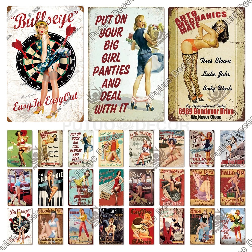 

2022 Sexy Girls Vintage Metal Sign Iron Painting Plaque Ladys Poster Pin Up Girl Tin Signs Living Room Wall Decor Bar Pub Club Man Cave Retro New Design Size 30X20cm