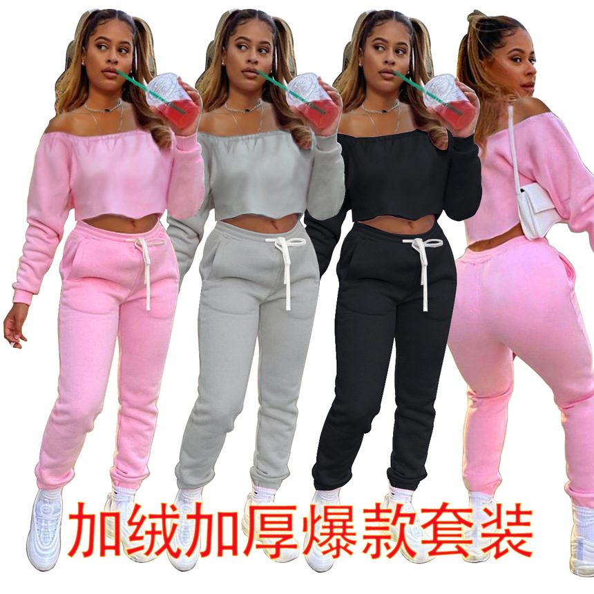 

autumn winter sweater one-line collar solid color two-piece set plush thickened leisure sports suit, Gray