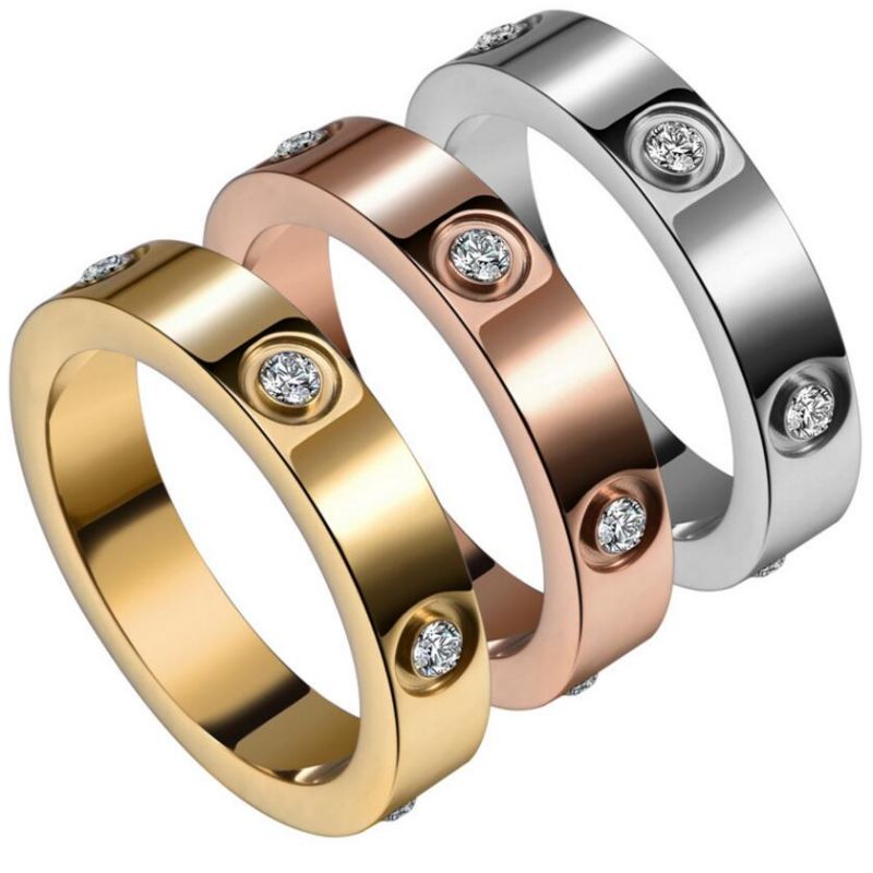 

Zircon Band Rings with Box 18K Gold Silver Rose Plated Titanium Steel Promise Ring for Woman Wedding Jewelry