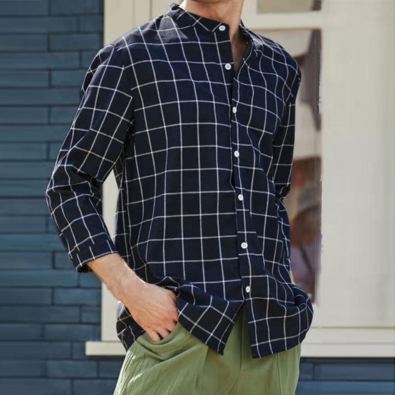 

Men' Casual Shirts 2021 Plaid Men Fashion Autumn Single-breasted Three Quarter Sleeve Top Blouse Camisa Masculina, Navy