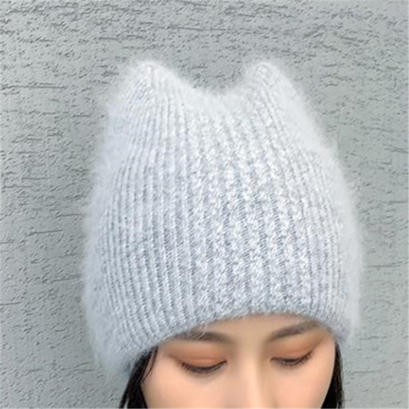 

2021 Winter Fox Ears Rabbit Fur Playful Cute Hat Designer Bonnets Plus Veet Thick Knitted Beanie New Women Hats Qinz, 02