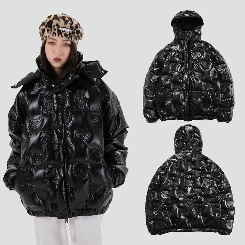 

2021 New High Street Shiny Cartoon Black Winter Men and Women Detachable Hat Oversize Windbreaker Casual Thick Down Coat Tk61